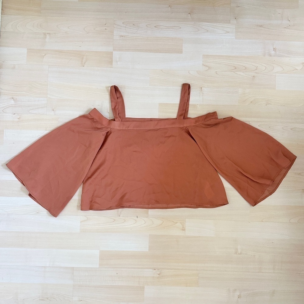 The fifth label copper brown off the shoulder cold shoulder blouse Womens satin